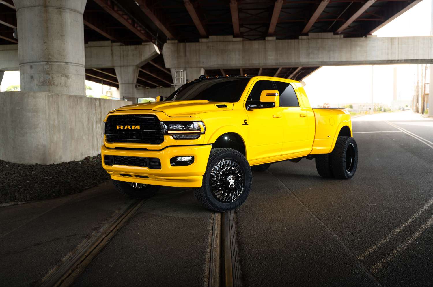 A relevant stock photo of ram 3500 dually custom in a typical setting.