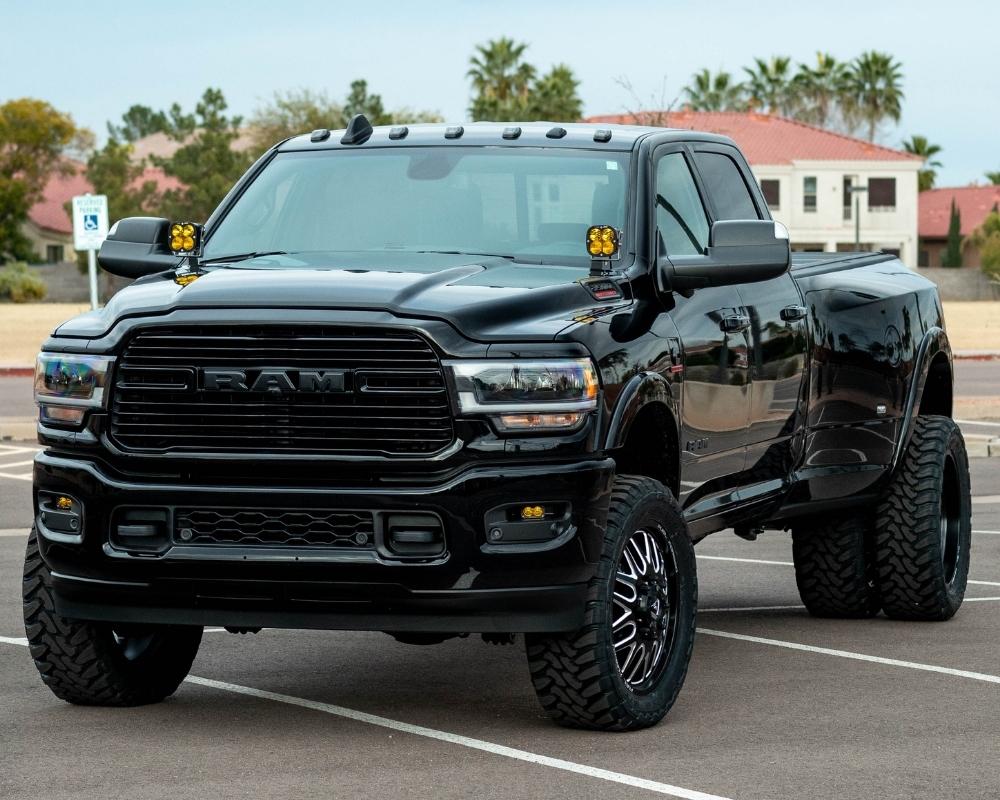 A relevant stock photo of ram 3500 dually custom in a typical setting.