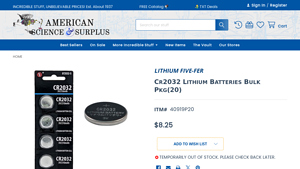 Cr2032 Lithium Batteries Bulk Pkg(20) - American Science & Surplus - 2032 battery bulk