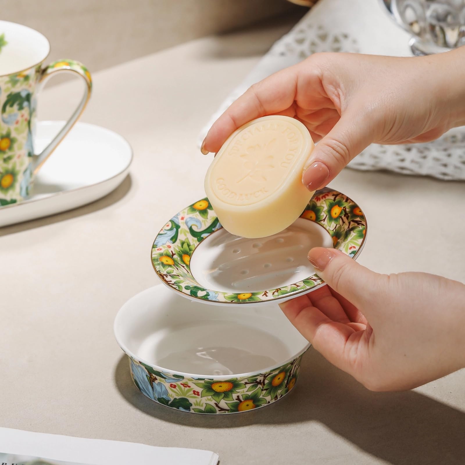 A relevant stock photo of soap dish china in a typical setting.