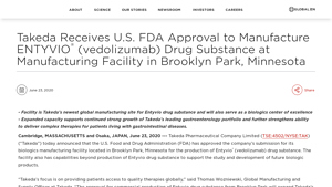 Takeda Receives U.S. FDA Approval to Manufacture ENTYVIO® (vedolizumab ... - entyvio manufacturer