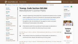 Texas Transportation Code Section 503.064 - Manufacturer's License Plates - manufacturer plate