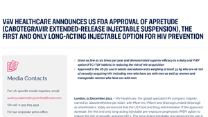 ViiV Healthcare announces US FDA approval of Apretude (cabotegravir ... - apretude manufacturer