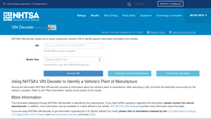 Welcome to VIN Decoding :: provided by vPIC - Transportation - manufacturer number