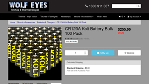 CR123A Kolt Battery Bulk 100 Pack - Wolf Eyes - cr123 bulk