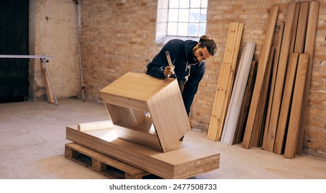 A relevant stock photo of wooden furniture manufacturer in a typical setting.