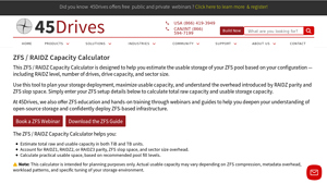 Screenshot of ZFS / RAIDZ Capacity Calculator - 45Drives