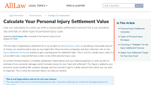 Screenshot of Calculate Your Personal Injury Settlement Value - AllLaw
