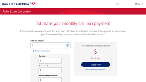 Screenshot of Auto Loan Calculator & Car Payment Tool at Bank of America