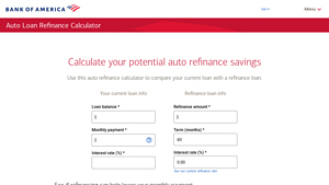 Screenshot of Auto Loan Refinance Calculator - Bank of America