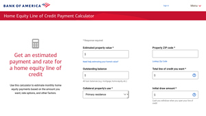 Screenshot of Home Equity Line of Credit Payment Calculator - Bank of America