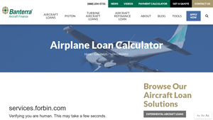 Screenshot of Airplane Loan Calculator - Banterra Aircraft Finance