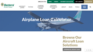 Screenshot of Airplane Loan Calculator - Banterra Aircraft Finance