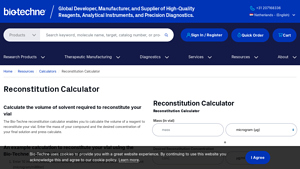 Screenshot of Reconstitution Calculator | Tocris Bioscience, a Bio-Techne brand