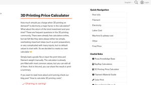 Screenshot of 3D Printing Price Calculator - Original Prusa 3D Printers