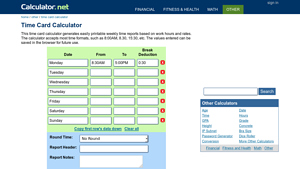 Screenshot of Time Card Calculator