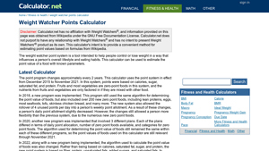 Screenshot of Weight Watcher Points Calculator