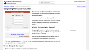 Screenshot of Completing the Square Calculator