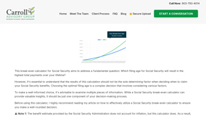 Screenshot of Break Even Calculator for Social Security - Carroll Advisory Group