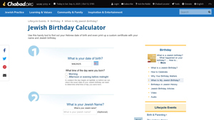 Screenshot of Jewish Birthday Calculator - Chabad.org