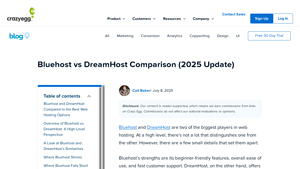 Screenshot of Bluehost vs DreamHost Comparison (2025 Update) - Crazy Egg