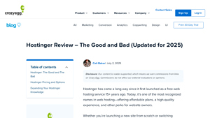 Screenshot of Hostinger Review - The Good and Bad (Updated for 2025) - Crazy Egg