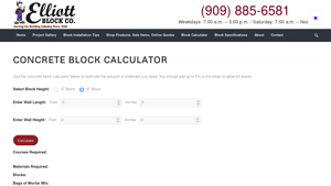 Screenshot of Concrete Block Calculator - Elliott Block Company