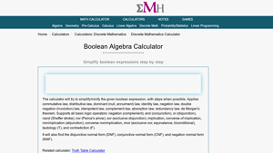 Screenshot of Boolean Algebra Calculator - eMathHelp