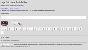 Screenshot of Logic Calculator: Truth Tables (featuring a purple monster and a duck)