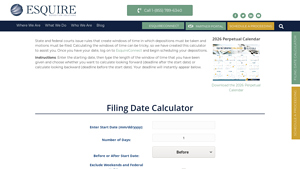 Screenshot of Filing Date Calculator - Esquire Deposition Solutions