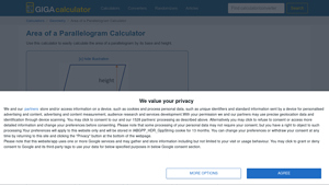 Screenshot of Area of a Parallelogram Calculator - GIGACalculator.com