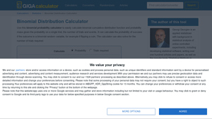 Screenshot of Binomial Distribution Calculator - GIGACalculator.com
