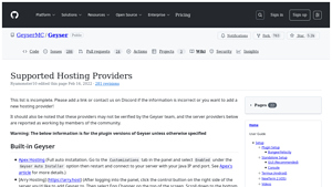 Screenshot of Supported Hosting Providers · GeyserMC/Geyser Wiki · GitHub