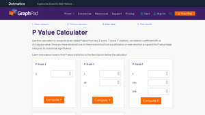 Screenshot of P value calculator - GraphPad