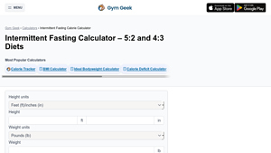 Screenshot of Intermittent Fasting Calculator - 5:2 and 4:3 Diets - Gym Geek