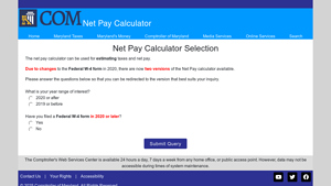 Screenshot of Net Pay Calculator - Comptroller of Maryland