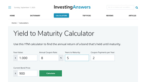 Screenshot of Yield to Maturity Calculator | YTM - InvestingAnswers