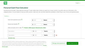 Screenshot of Personal Cash Flow Calculator - TD
