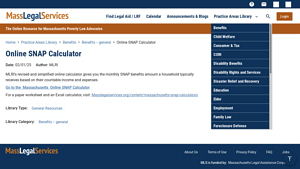 Screenshot of Online SNAP Calculator - Mass Legal Services