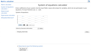 Screenshot of System of linear equations calculator