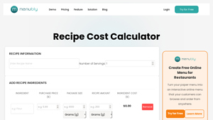 Screenshot of Free Online Recipe Cost Calculator - Menubly