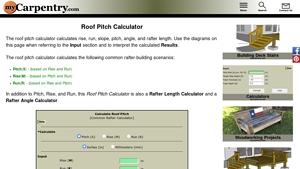 Screenshot of Roof Pitch Calculator - Calculates Pitch, Rafter Length, Angle and ...