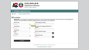 Screenshot of Estimate Registration Fee Calculator - myDMV Colorado