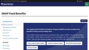 Screenshot of Oregon Department of Human Services : SNAP Food Benefits