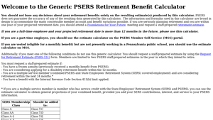 Screenshot of the Generic PSERS Retirement Benefit Calculator - PA.Gov