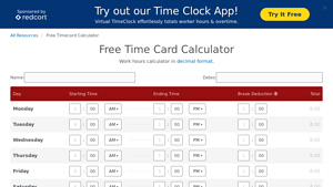 Screenshot of Free Timecard Calculator: Calculate Work Hours Instantly | Redcort