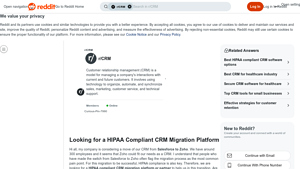 Screenshot of Looking for a HIPAA Compliant CRM Migration Platform - Reddit