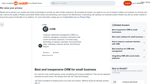 Screenshot of Best and inexpensive CRM for small business - Reddit