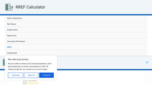 Screenshot of RREF Calculator | Reduced Row Echelon Form Solver