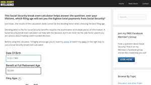 Screenshot of Break Even Calculator - Social Security Intelligence